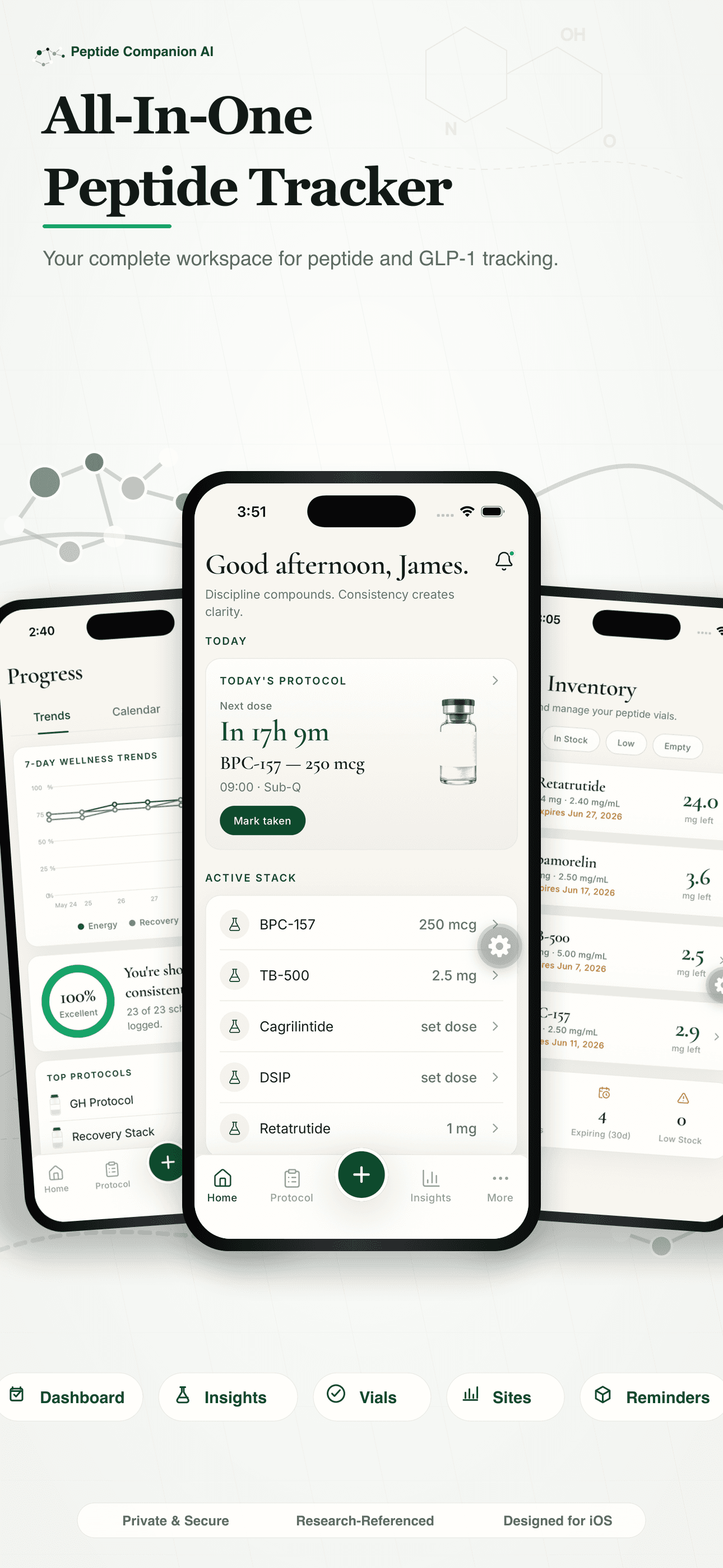 App Store preview showing the all-in-one Peptide Companion AI tracker