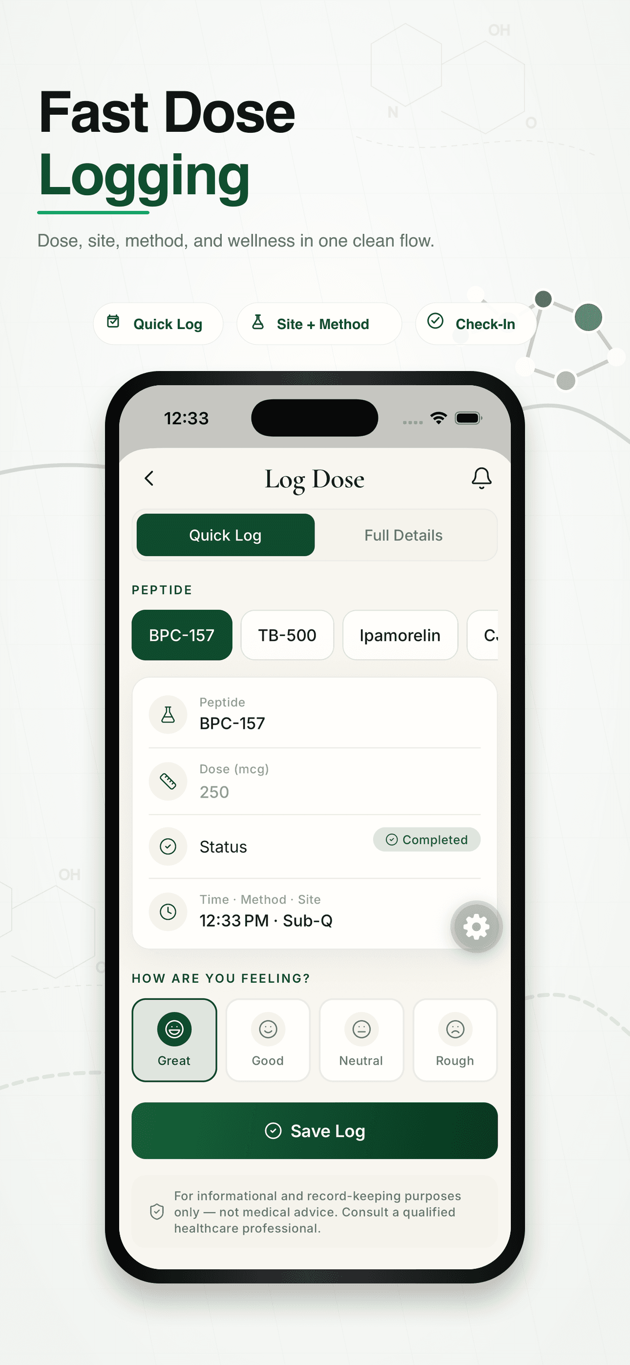 App Store preview showing quick dose logging