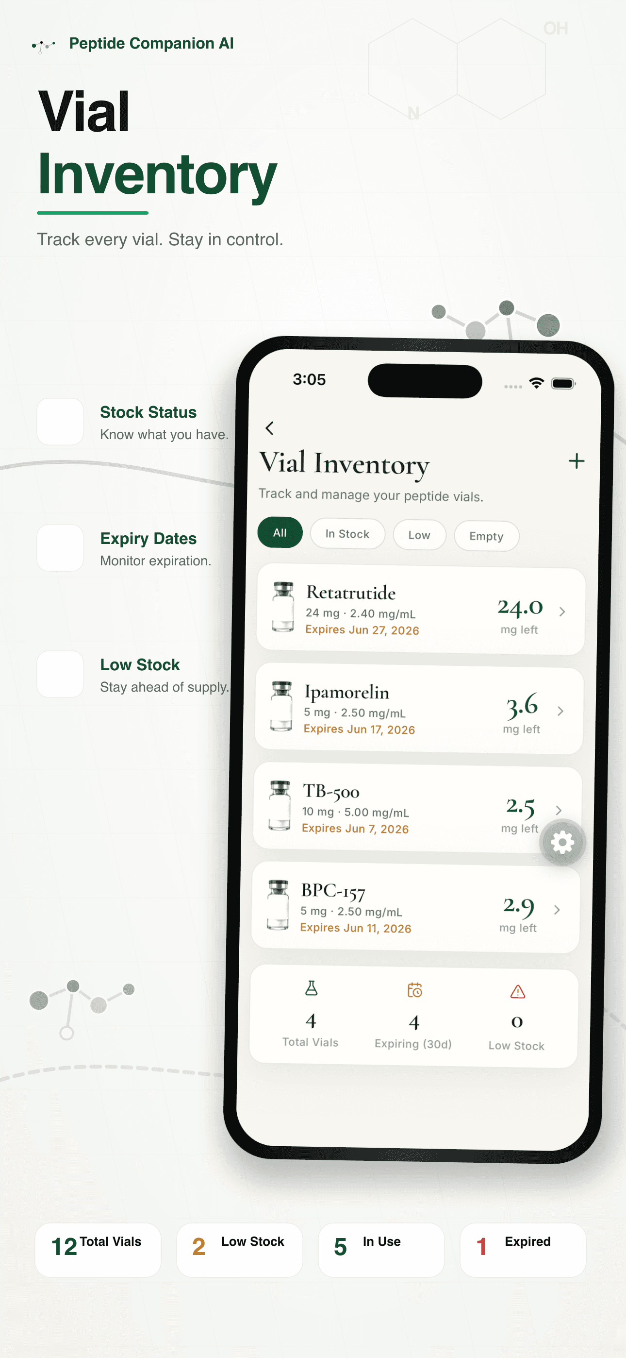 App Store preview showing vial inventory tracking