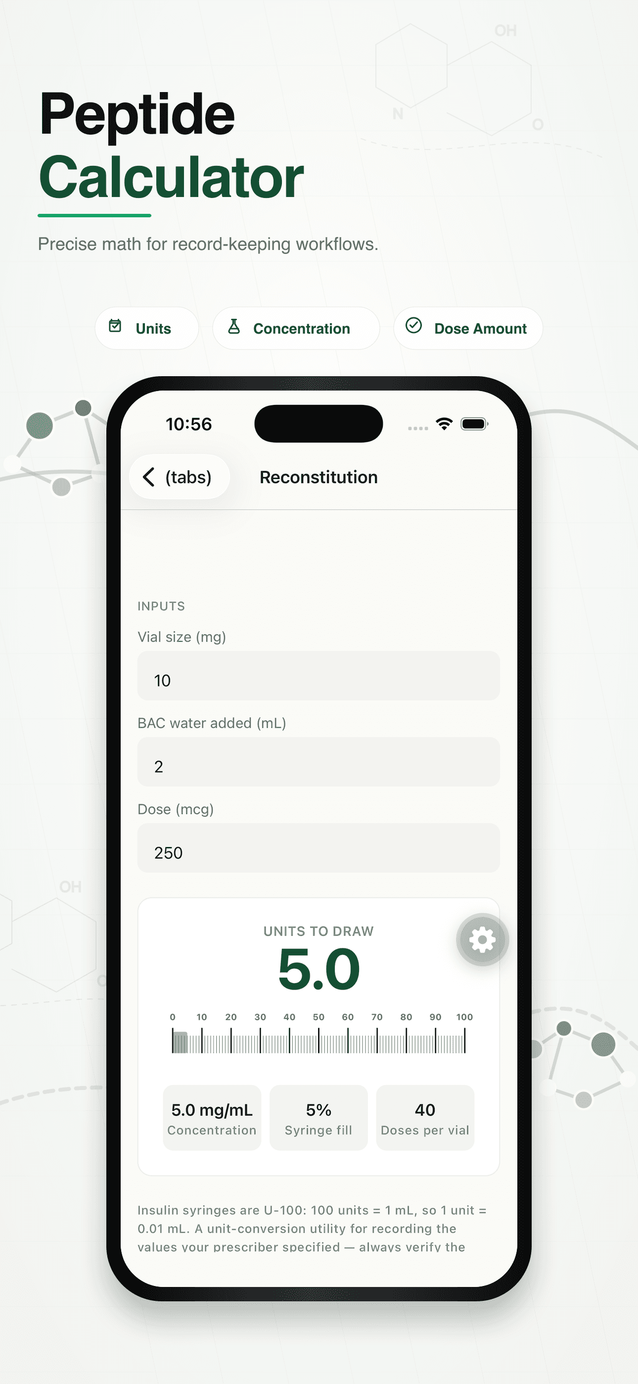 App Store preview showing the peptide calculator
